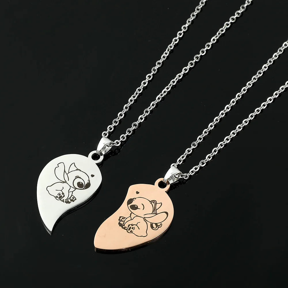 Pendentif Cœur Stitch et Angel en Acier Inoxydable