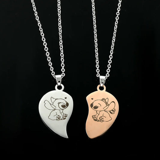 Pendentif Cœur Stitch et Angel en Acier Inoxydable