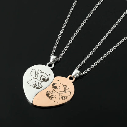 Pendentif Cœur Stitch et Angel en Acier Inoxydable