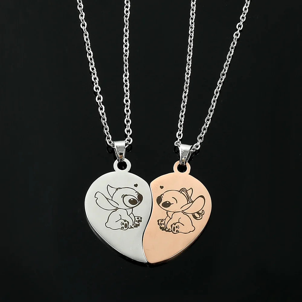 Pendentif Cœur Stitch et Angel en Acier Inoxydable